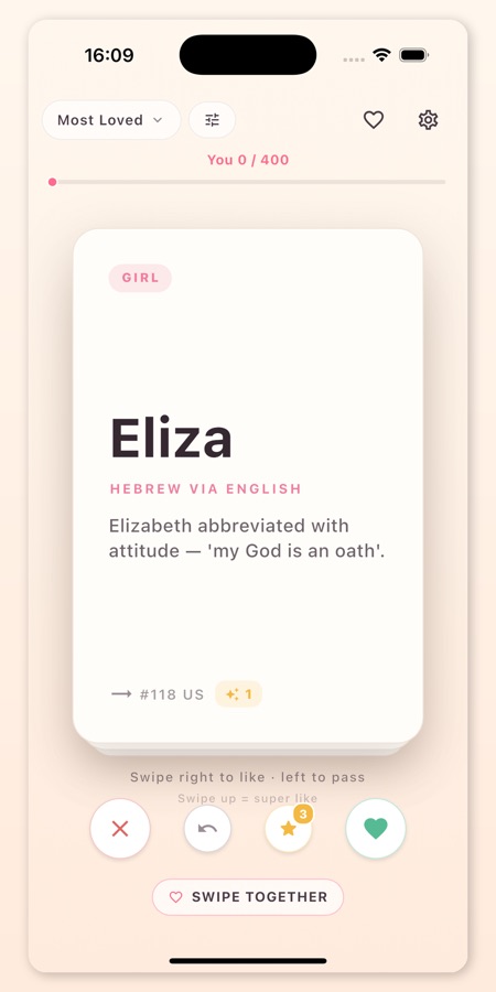 iPhone screenshot: the Eliza name card ready for a vote (English UI)