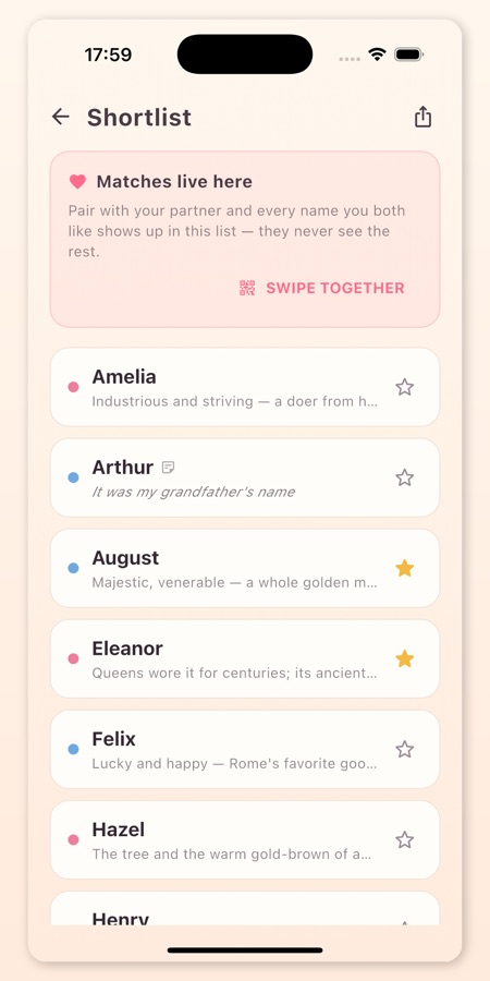 iPhone screenshot: shortlist of names (English UI)